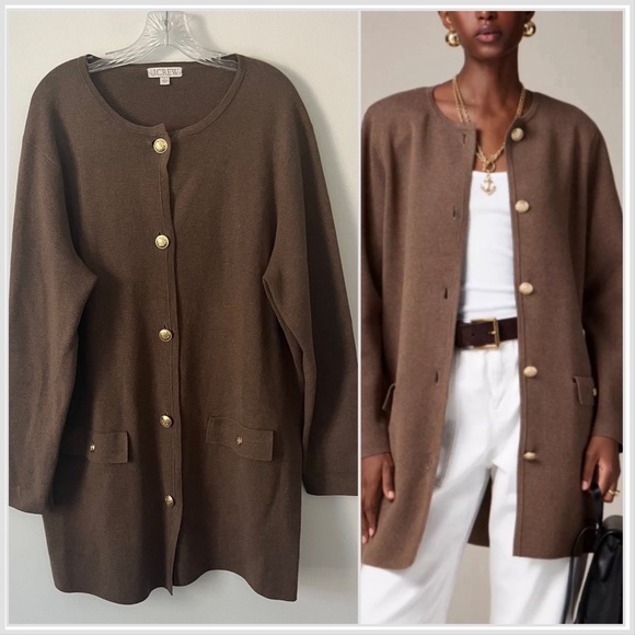 J. Crew Sweaters - J Crew Giselle Long Sweater Blazer Brown Gold Buttons Old Money Preppy Large